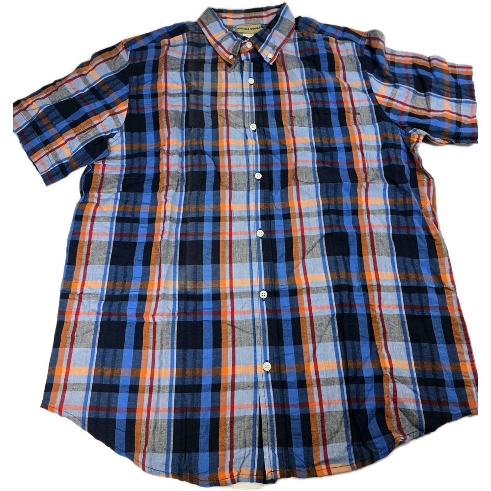 Scandia Woods Red Orange Blue Plaid Button‎ Down Short Sleeve Shirt Men's Large